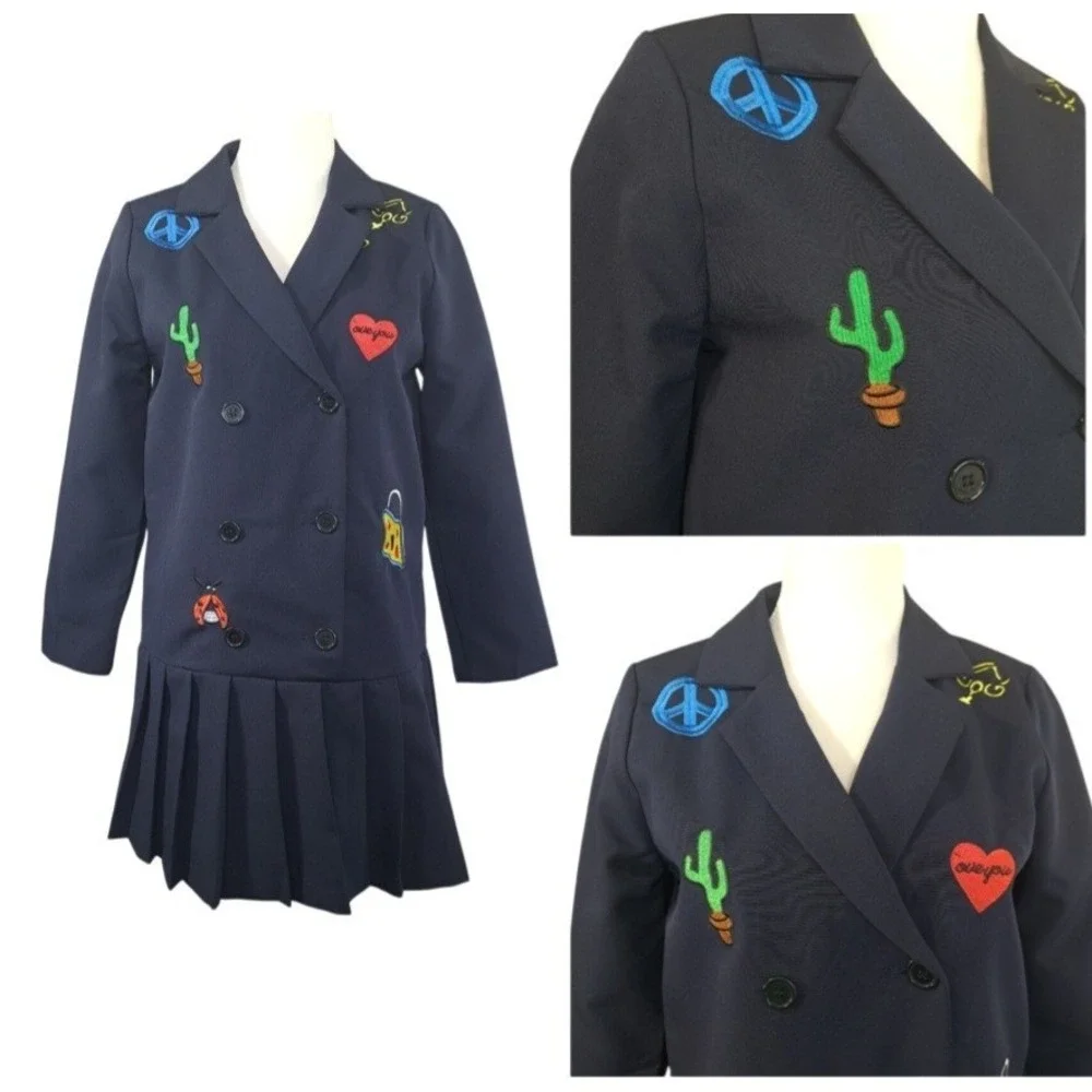 Blanc Jo Studio Blazer‎ Dress Medium Blue Embroidered Double Breasted Pleated